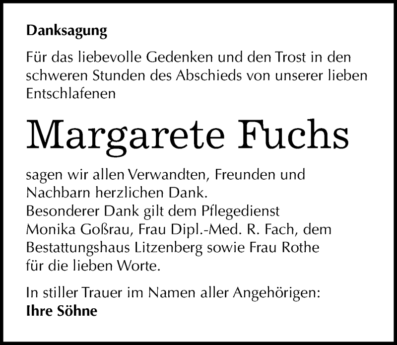  Traueranzeige für Margarete Fuchs vom 05.08.2015 aus Mitteldeutsche Zeitung Mansfelder Land