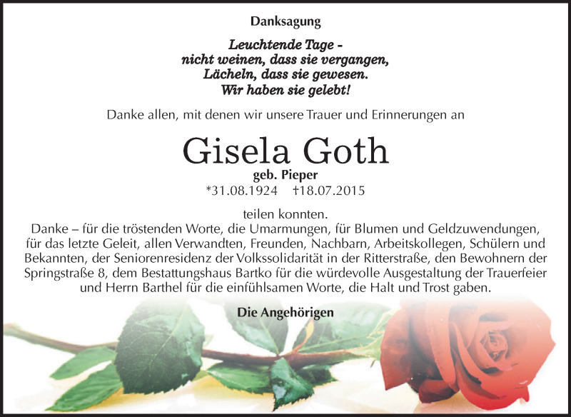  Traueranzeige für Gisela Goth vom 22.08.2015 aus WVG - Wochenspiegel Dessau / Köthen