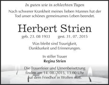 Traueranzeige von Herbert Strien von WVG - Wochenspiegel Bitterfeld