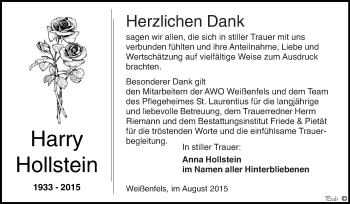 Traueranzeige von Harry Hollstein von WVG - Wochenspiegel NMB / WSF / ZTZ