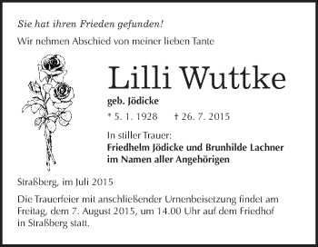 Traueranzeige von Lilli Wuttke von WVG - Wochenspiegel Quedlinburg