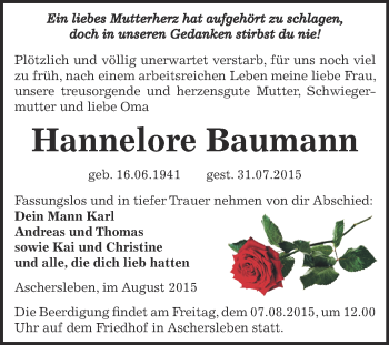 Traueranzeige von Hannelore Baumann von Super Sonntag Aschersleben