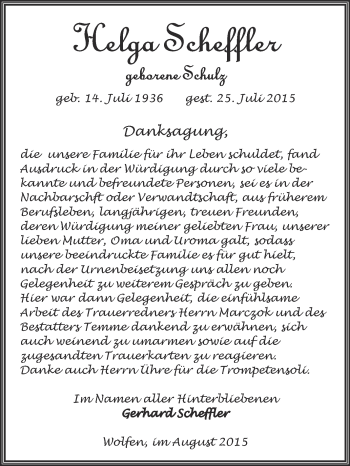 Traueranzeige von Helga Scheffler von WVG - Wochenspiegel Bitterfeld