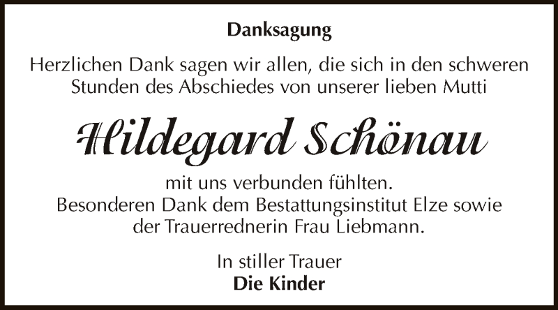  Traueranzeige für Hildegard Schönau vom 29.08.2015 aus WVG - Wochenspiegel Dessau / Köthen