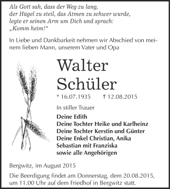 Traueranzeige von Walter Schüler von WVG - Wochenspiegel Wittenberg
