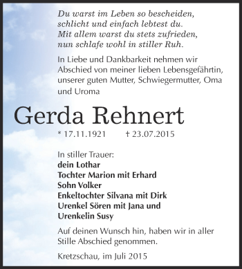 Traueranzeige von Gerda Rehnert von Super Sonntag Zeitz