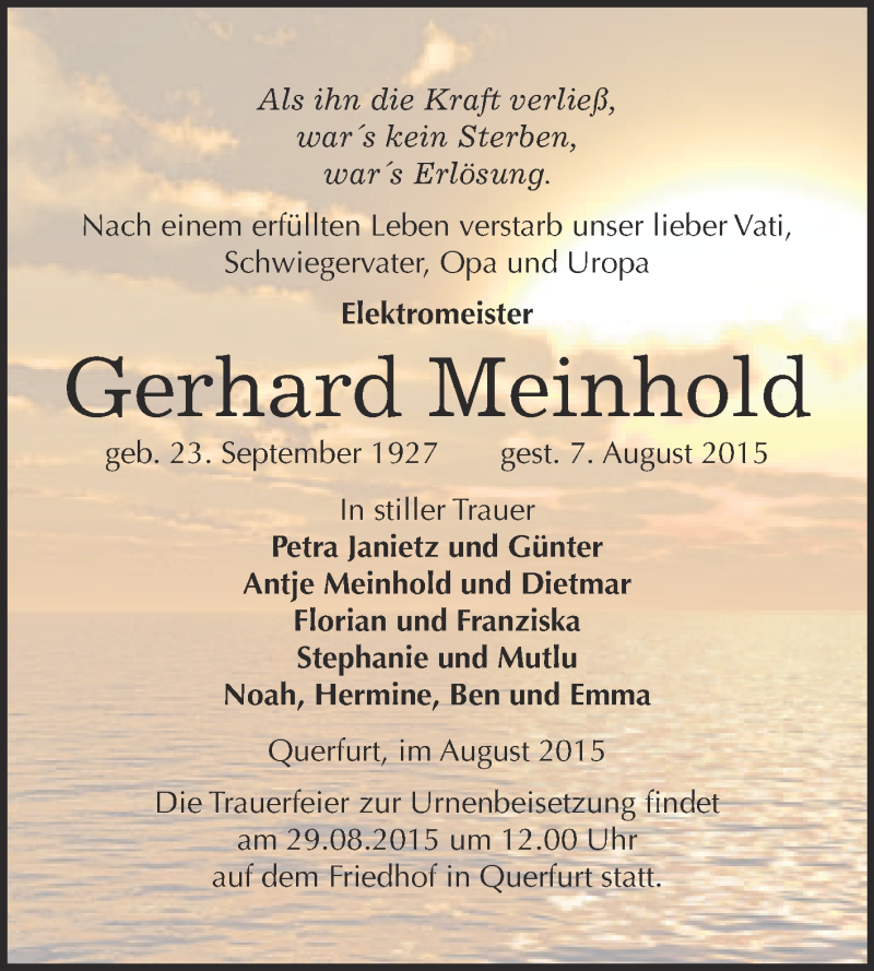  Traueranzeige für Gerhard Meinhold vom 15.08.2015 aus WVG - Wochenspiegel Merseburg