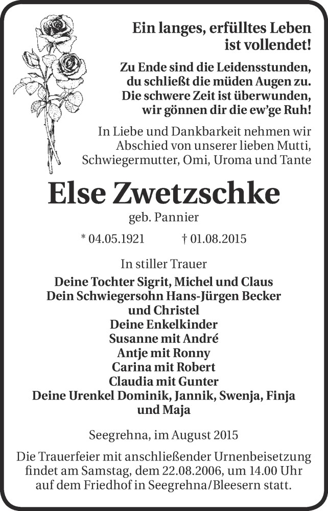  Traueranzeige für Else Zwetzschke vom 08.08.2015 aus WVG - Wochenspiegel Wittenberg