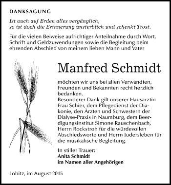 Traueranzeige von Manfred Schmidt von Mitteldeutsche Zeitung Naumburg/Nebra