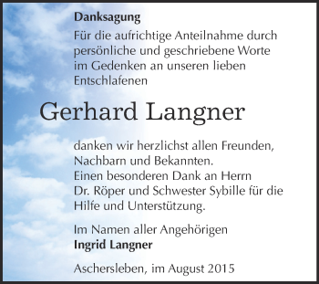 Traueranzeige von Gerhard Langner von Super Sonntag Aschersleben