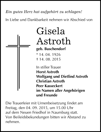 Traueranzeige von Gisela Astroth von Mitteldeutsche Zeitung Naumburg/Nebra