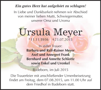 Traueranzeige von Ursula Meyer von WVG - Wochenspiegel Quedlinburg