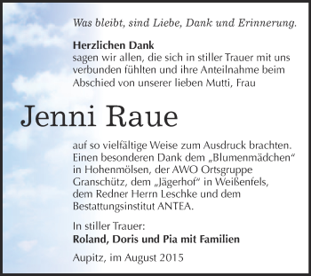 Traueranzeige von Jenni Raue von WVG - Wochenspiegel NMB / WSF / ZTZ