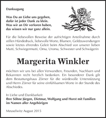 Traueranzeige von Margerita Winkler von Super Sonntag Zeitz