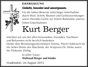 Traueranzeige von Kurt Berger von Mitteldeutsche Zeitung Bitterfeld