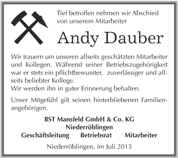 Traueranzeige von Andy Dauber von Super Sonntag SGH Mansf. Land