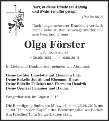 Traueranzeige von Olga Förster von Super Sonntag SGH Mansf. Land