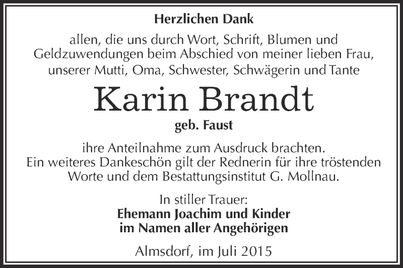  Traueranzeige für Karin Brandt vom 01.08.2015 aus WVG - Wochenspiegel Merseburg