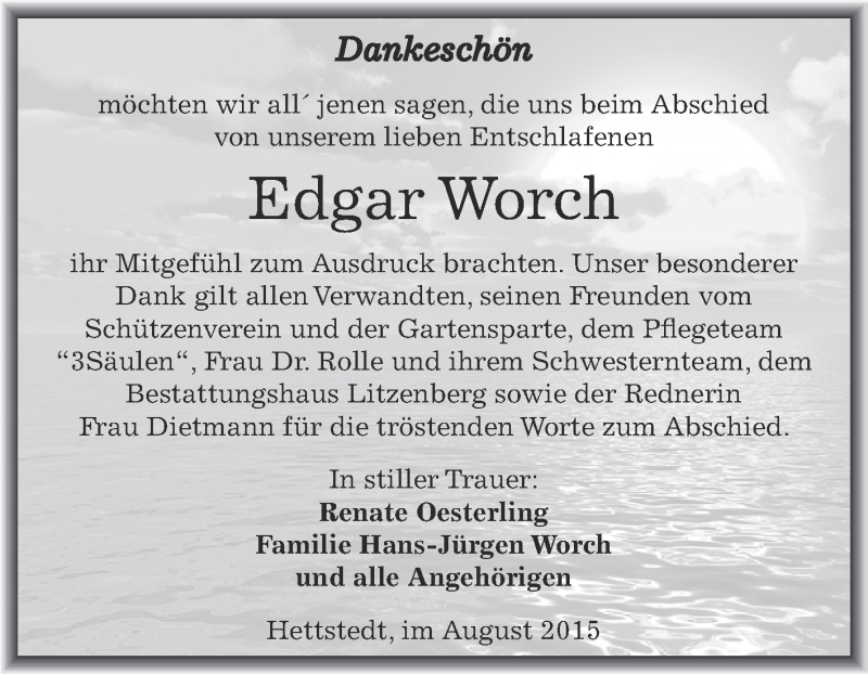  Traueranzeige für Edgar Worch vom 26.08.2015 aus Wochenspiegel Mansfelder Land