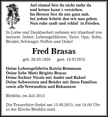 Traueranzeige von Fred Brasas von Mitteldeutsche Zeitung Wittenberg