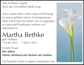 Traueranzeige von Martha Bethke von WVG - Wochenspiegel Dessau / Köthen