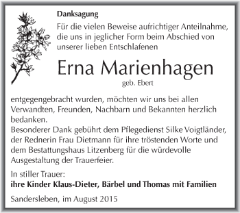 Traueranzeige von Erna Marienhagen von Wochenspiegel Mansfelder Land