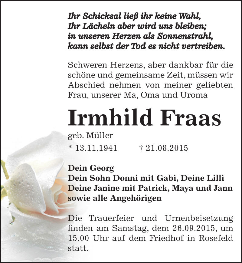  Traueranzeige für Irmhild Fraas vom 29.08.2015 aus Mitteldeutsche Zeitung Köthen