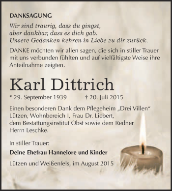Traueranzeige von Karl Dittrich von Super Sonntag Merseburg