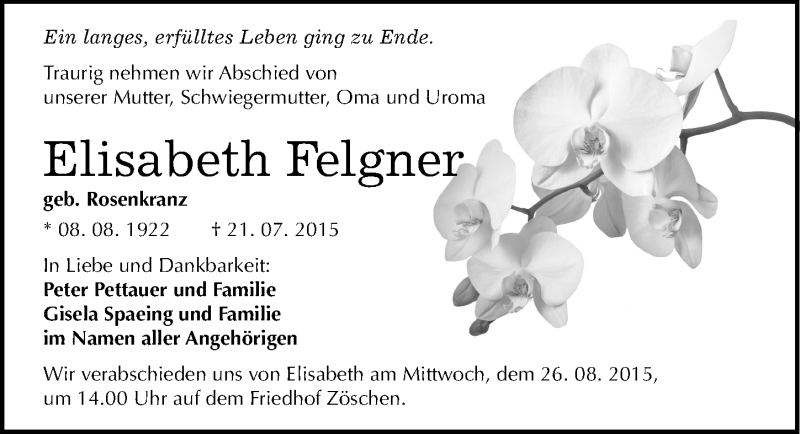  Traueranzeige für Elisabeth Felgner vom 15.08.2015 aus Mitteldeutsche Zeitung Merseburg/Querfurt