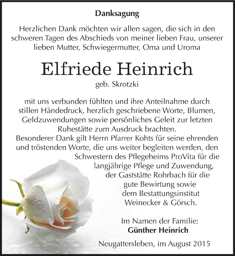  Traueranzeige für Elfriede Heinrich vom 15.08.2015 aus Mitteldeutsche Zeitung Bernburg