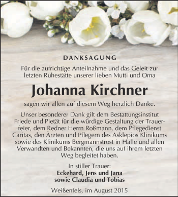 Traueranzeige von Johanna Kirchner von WVG - Wochenspiegel NMB / WSF / ZTZ