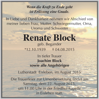 Traueranzeige von Renate Block von Wochenspiegel Mansfelder Land