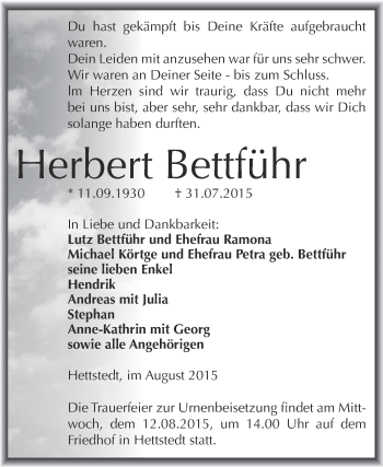 Traueranzeige von Herbert Bettführ von Super Sonntag SGH Mansf. Land