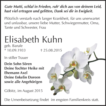 Traueranzeige von Elisabeth Kuhn von Super Sonntag Zeitz