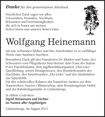 Traueranzeige von Wolfgang Heinemann von WVG - Wochenspiegel Quedlinburg