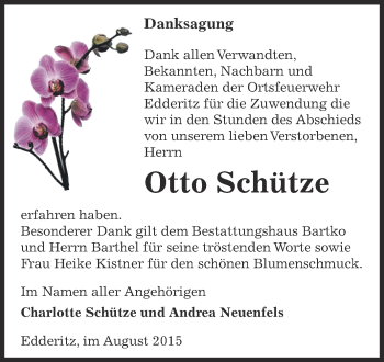Traueranzeige von Otto Schütze von WVG - Wochenspiegel Dessau / Köthen