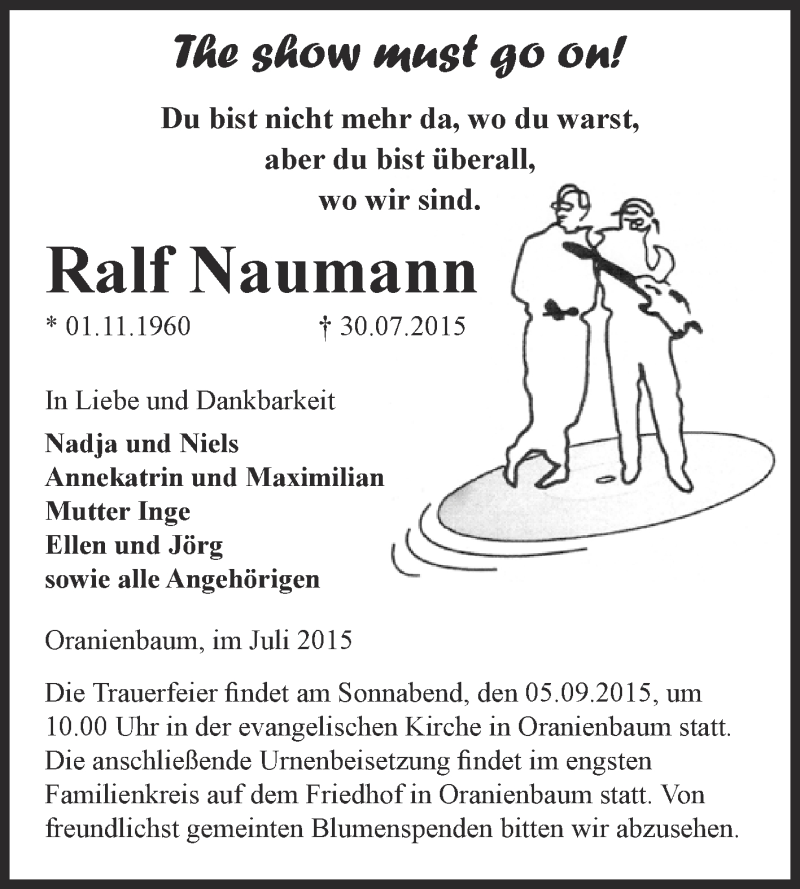  Traueranzeige für Ralf Naumann vom 22.08.2015 aus WVG - Wochenspiegel Wittenberg