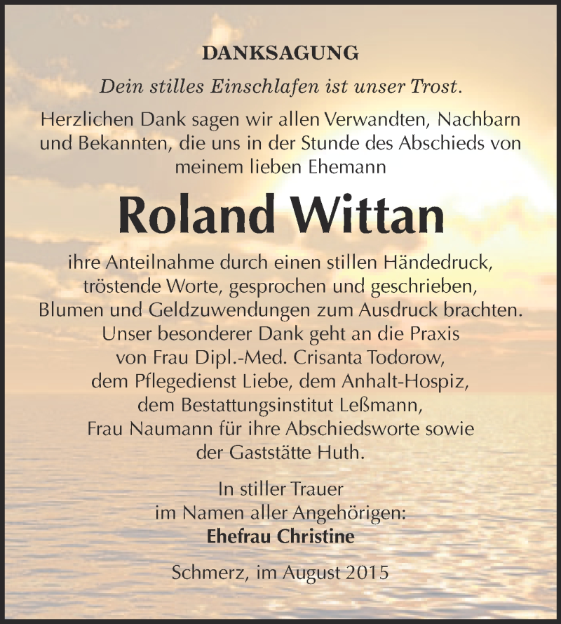  Traueranzeige für Roland Wittan vom 29.08.2015 aus WVG - Wochenspiegel Wittenberg