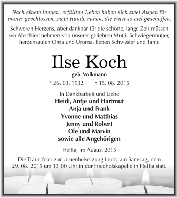 Traueranzeige von Ilse Koch von Wochenspiegel Mansfelder Land