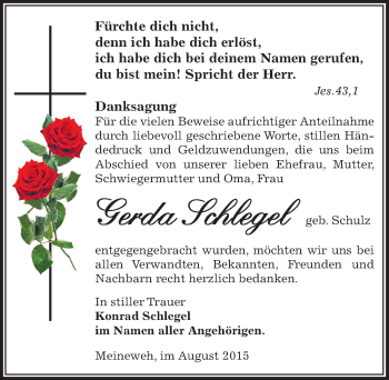 Traueranzeige von Gerda Schlegel von Mitteldeutsche Zeitung Zeitz