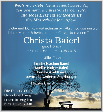 Traueranzeige von Christa Baierl von Mitteldeutsche Zeitung Mansfelder Land