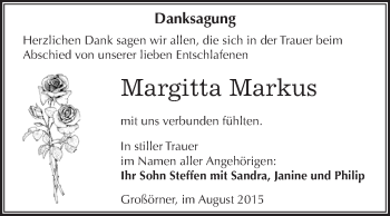 Traueranzeige von Margitta Markus von Wochenspiegel Mansfelder Land