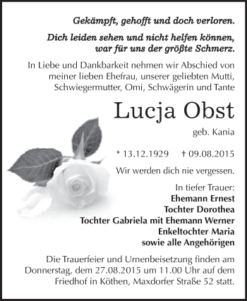 Traueranzeige von Lucja Obst von WVG - Wochenspiegel Dessau / Köthen