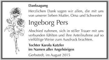 Traueranzeige von Ingeborg Pers von Wochenspiegel Mansfelder Land