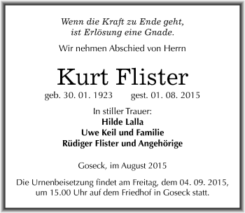 Traueranzeige von Kurt Flister von Mitteldeutsche Zeitung