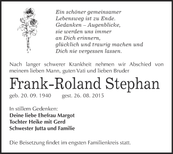 Traueranzeige von Frank-Roland Stephan von Super Sonntag Wittenberg