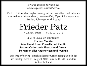 Traueranzeige von Frieder Patz von Mitteldeutsche Zeitung Halle/Saalkreis