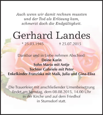 Traueranzeige von Gerhard Landes von WVG - Wochenspiegel Bitterfeld