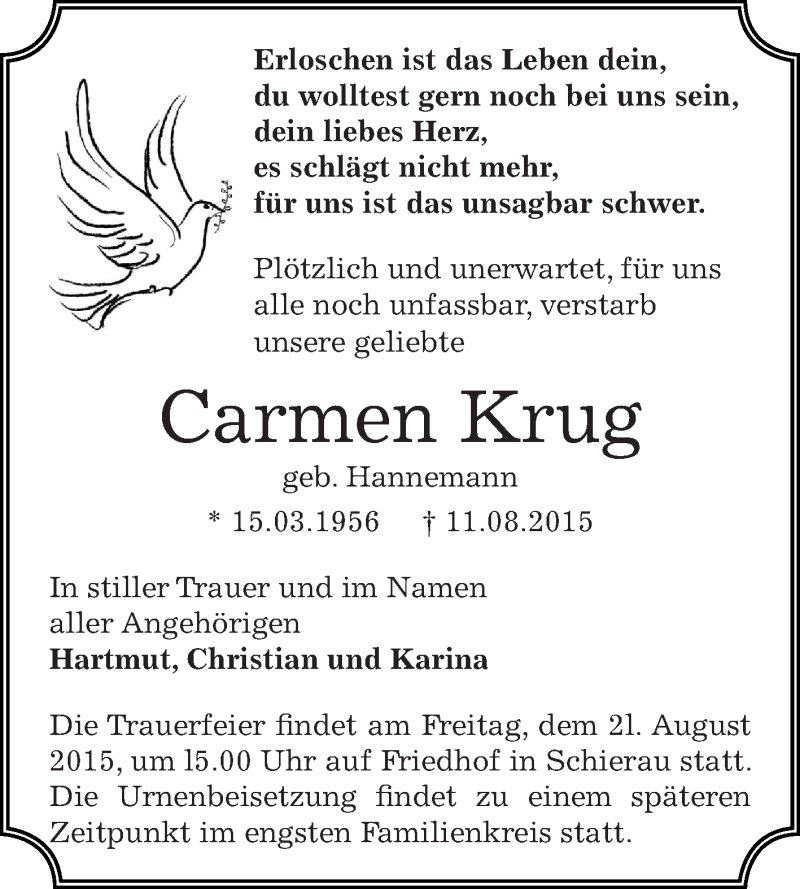  Traueranzeige für Carmen Krug vom 19.08.2015 aus WVG - Wochenspiegel Bitterfeld