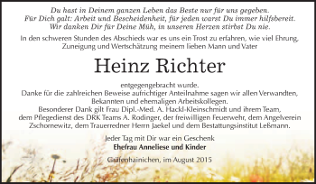 Traueranzeige von Heinz Richter von WVG - Wochenspiegel Wittenberg